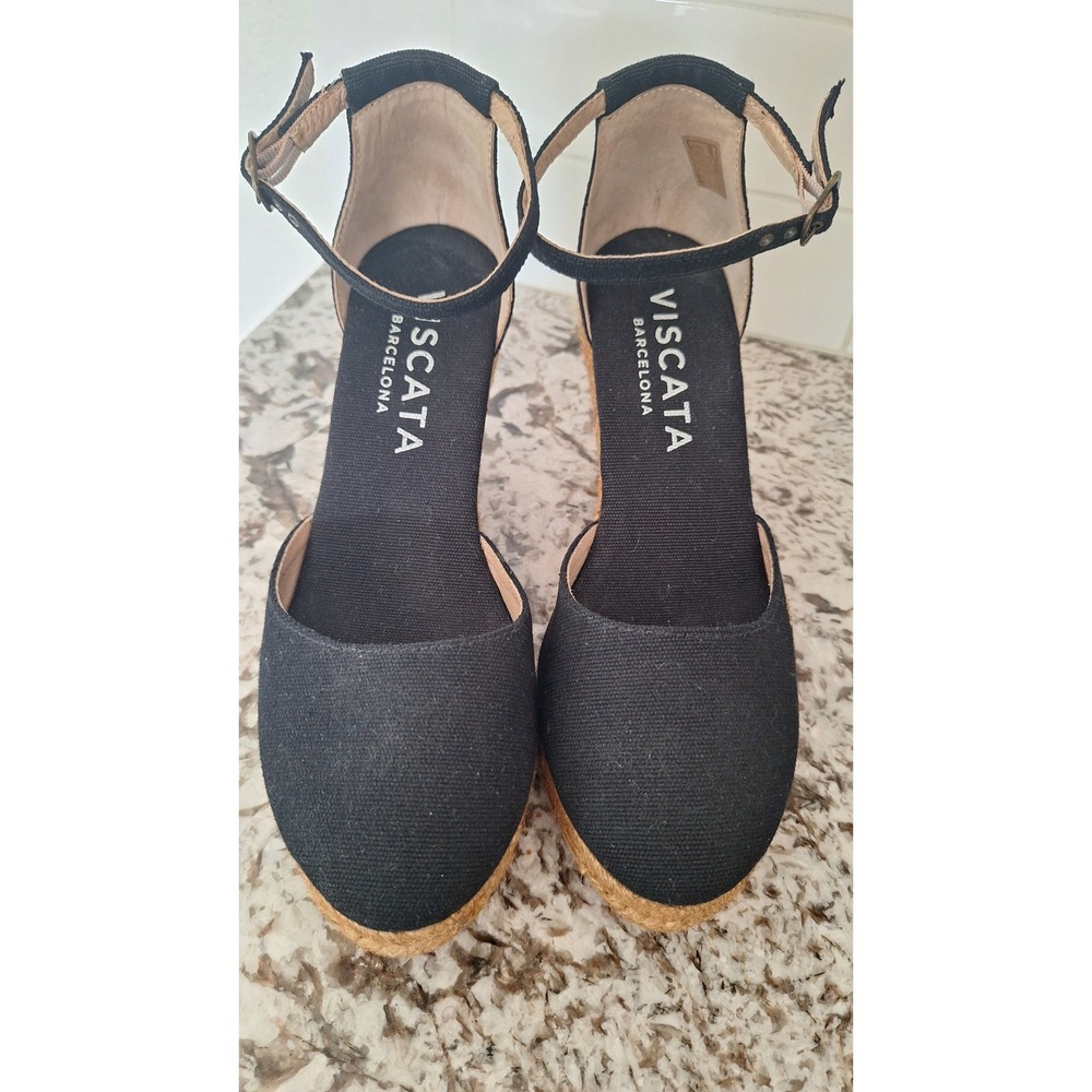 Viscata Barcelona Black Canvas Espadrille Wedges Made in Spain Size 39